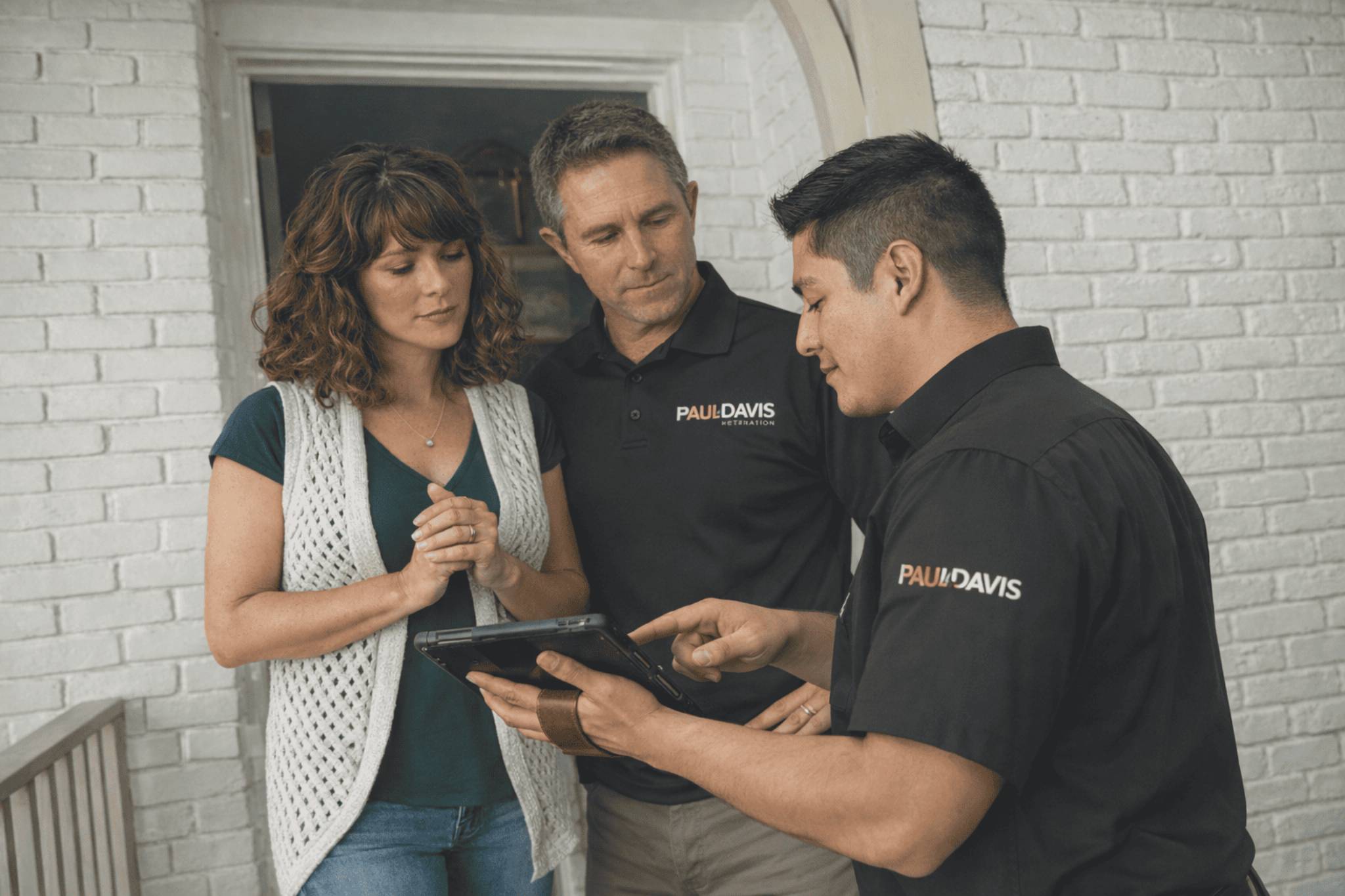 Paul Davis Restoration technician reviewing damage assessment with homeowners on a tablet during an in-home consultation in Mobile, Alabama