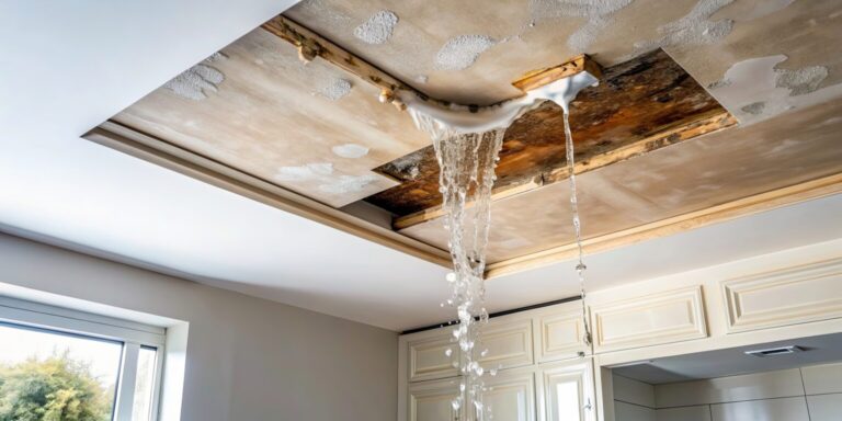 Severe ceiling water damage with leaking water and exposed wood caused by burst pipe or roof leak, requiring emergency water damage restoration services in Mobile, AL by Paul Davis Restoration.