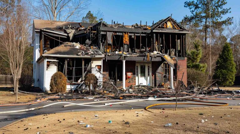 Severely burned residential home after major fire damage, requiring emergency fire damage cleanup, smoke restoration, and reconstruction services in Mobile, AL by Paul Davis Restoration.